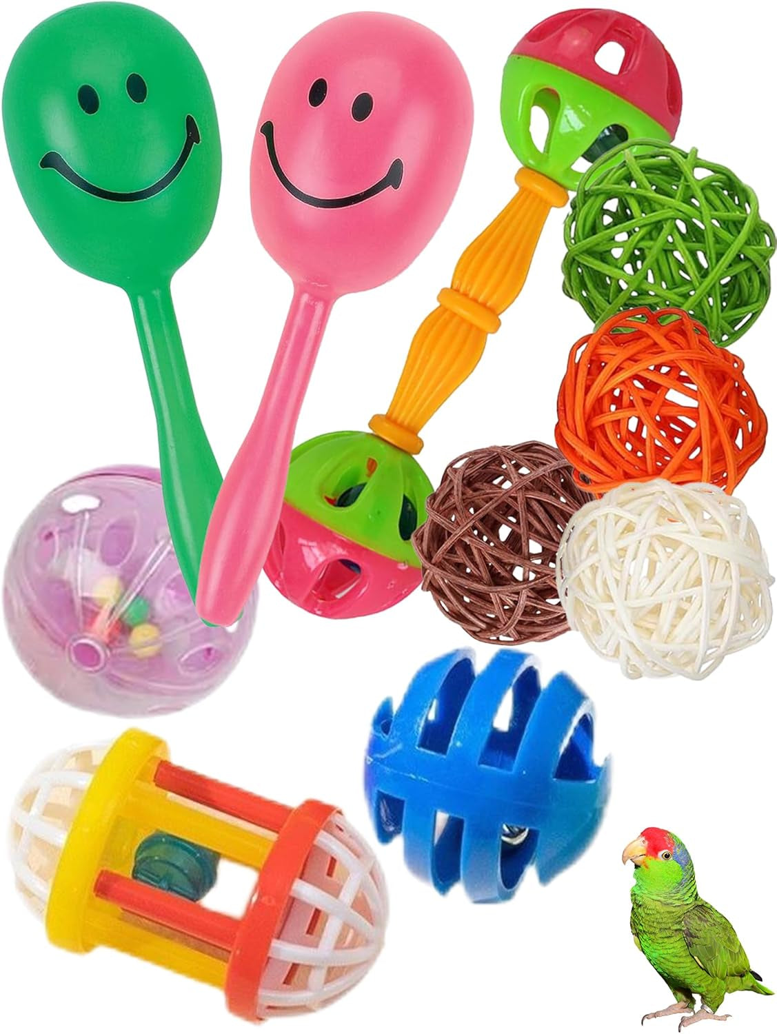 10 Pcs Bird Toy Set with Natural Rattan Balls Plastic Bell Balls for Parrots Safe Materials Encourages Play Perfect for Cage Home Decoration