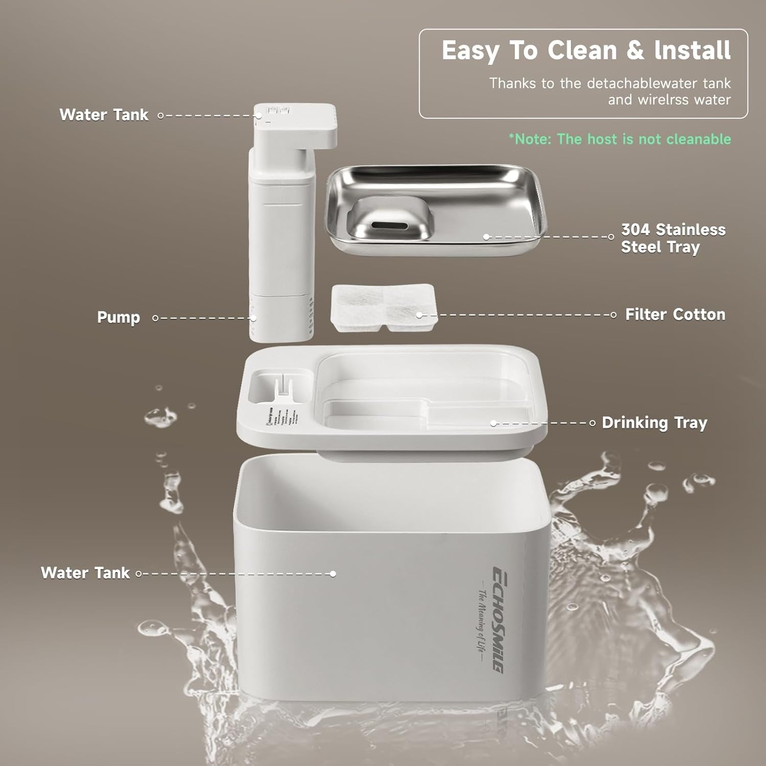 4L Wireless Cat Water Fountain, Ultra-Quiet Rechargeable Pet Water Fountain with 5200Mah Battery, Stainless Steel, Easy to Clean & Assemble, Automatic Water Fountain for Cats & Dogs