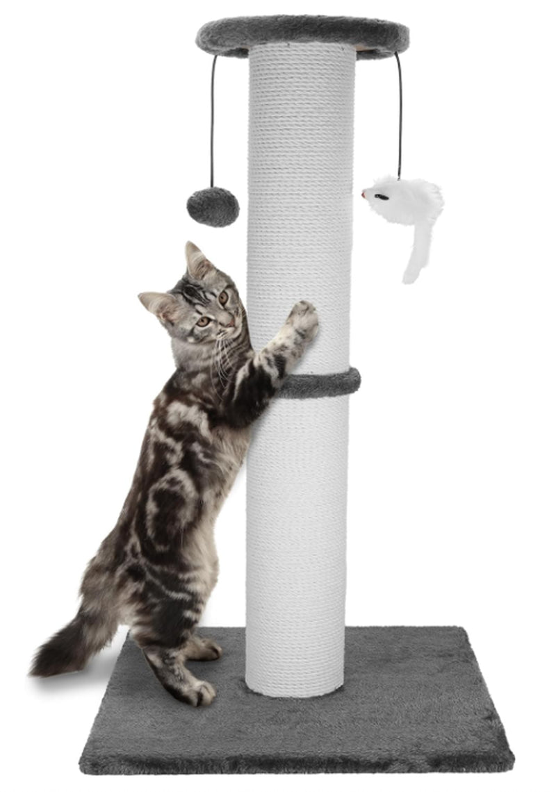 34" Heavy Duty Cat Scratching Post with Sisal Rope, Hanging Ball & Mice (Grey)