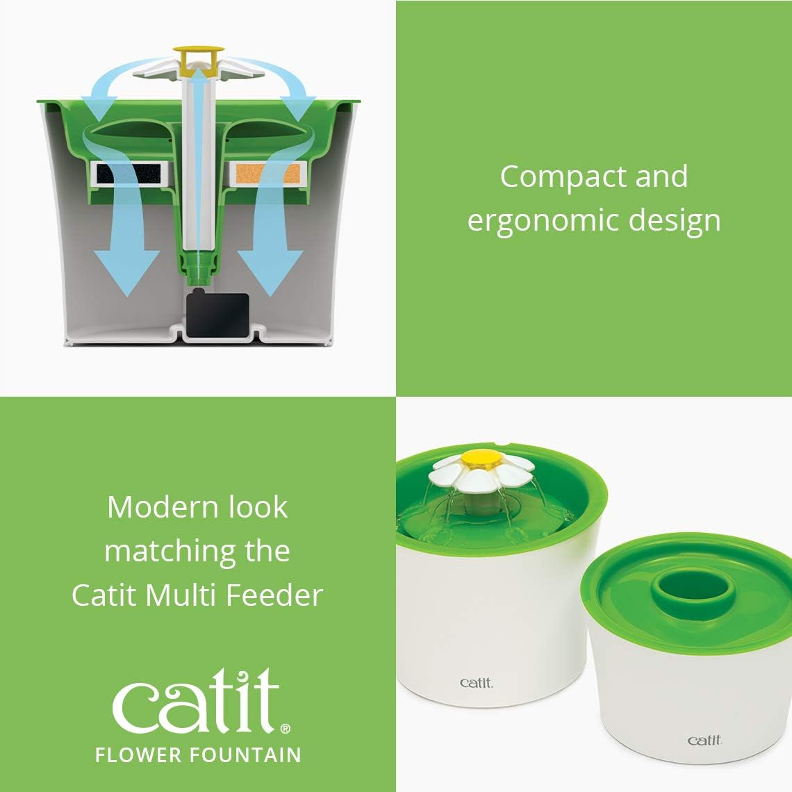 Senses Flower 2.0 Cat Water Fountain 3L Green, Modern Cat Fountain, Triple Filtration, Fontaine Pour Chat, Pet Water Fountains, Perfect for Indoor Cats