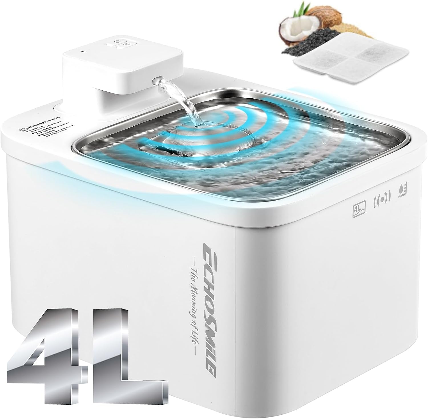 4L Wireless Cat Water Fountain, Ultra-Quiet Rechargeable Pet Water Fountain with 5200Mah Battery, Stainless Steel, Easy to Clean & Assemble, Automatic Water Fountain for Cats & Dogs