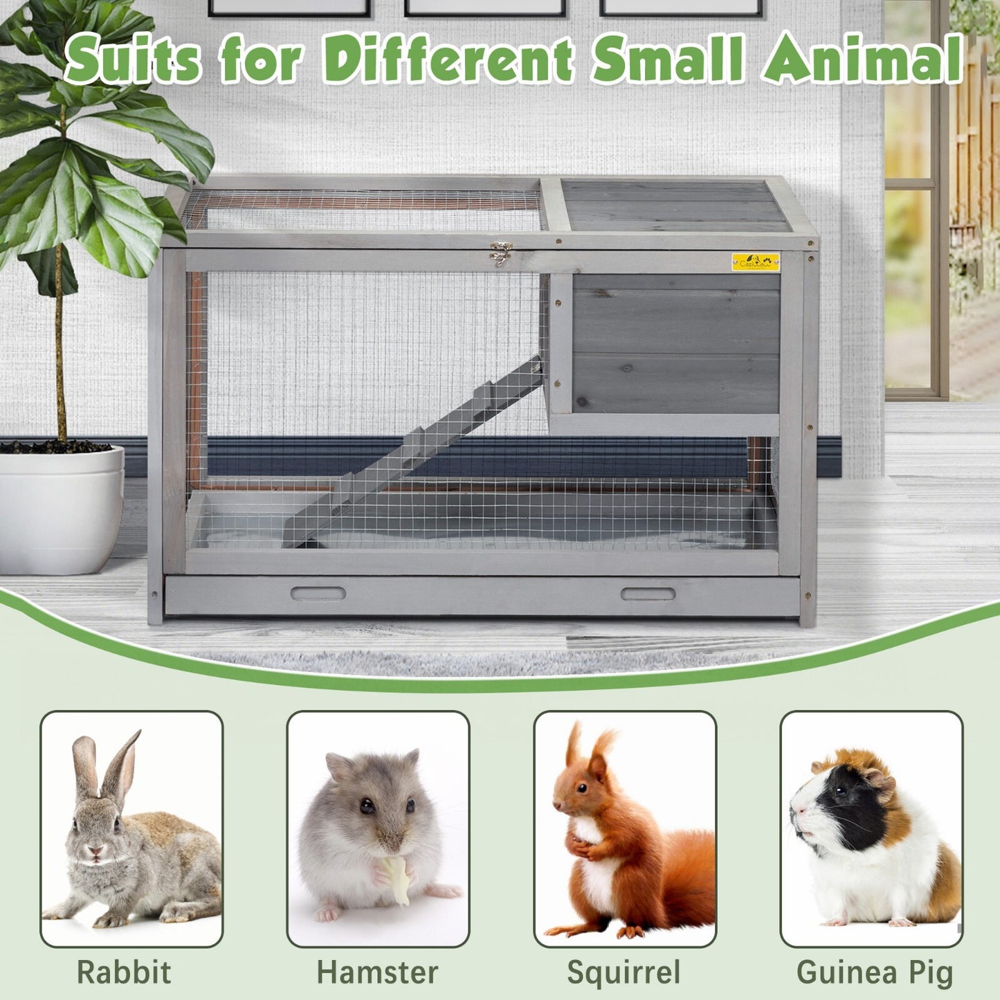 2 Tier-Rabbit Hutch Indoor Wooden Rabbit Cage Guinea Pig Cage W/Removable Tray