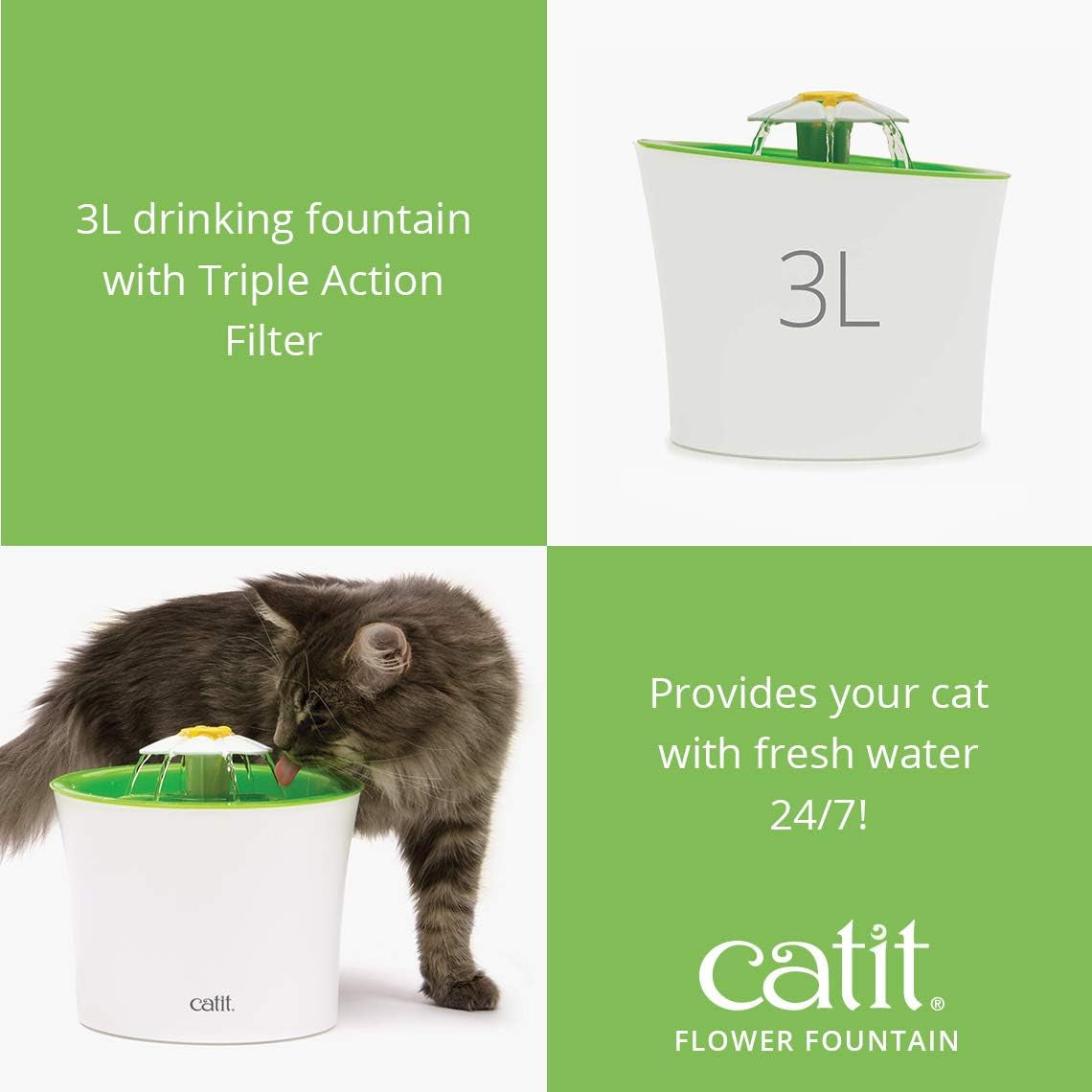 Senses Flower 2.0 Cat Water Fountain 3L Green, Modern Cat Fountain, Triple Filtration, Fontaine Pour Chat, Pet Water Fountains, Perfect for Indoor Cats