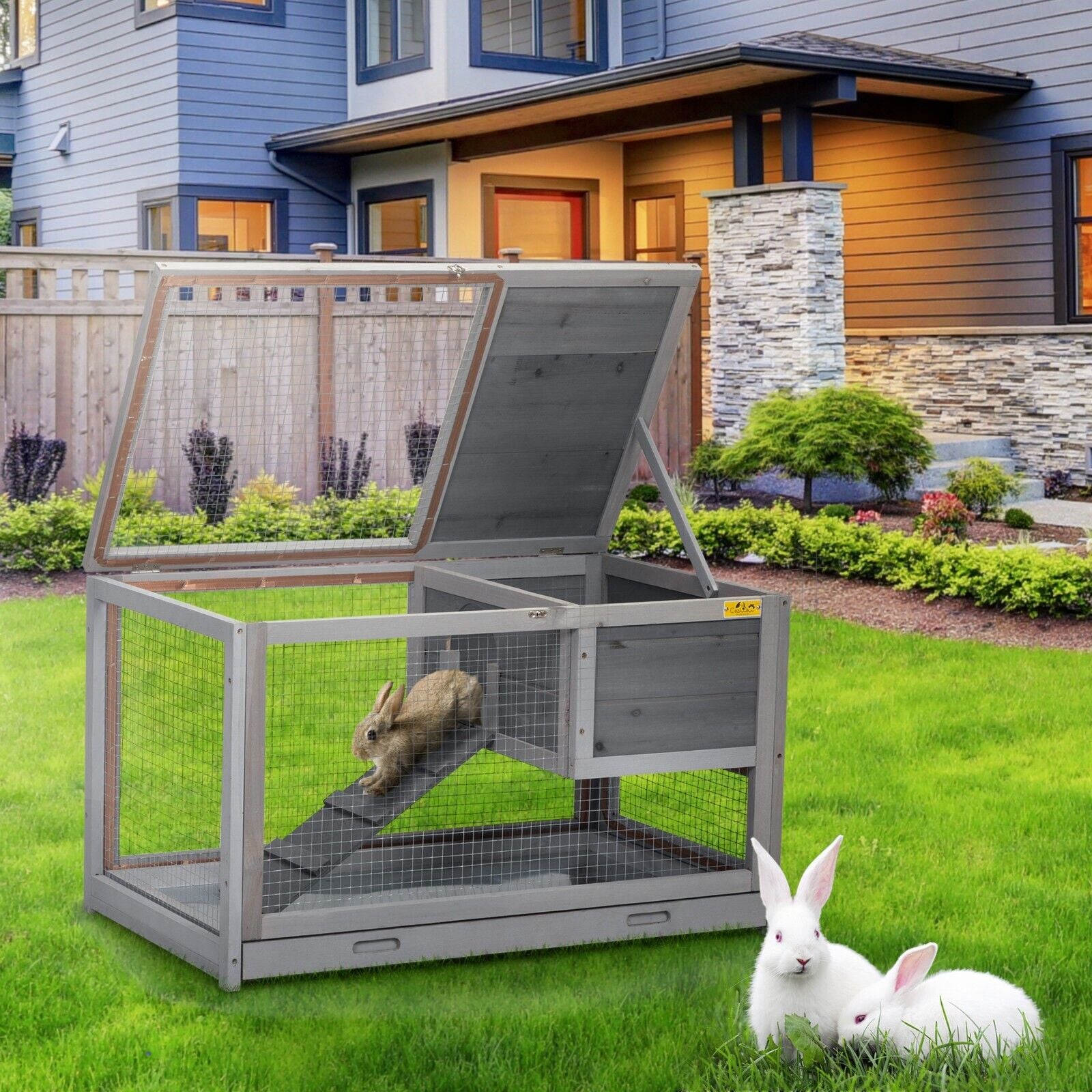 2 Tier-Rabbit Hutch Indoor Wooden Rabbit Cage Guinea Pig Cage W/Removable Tray