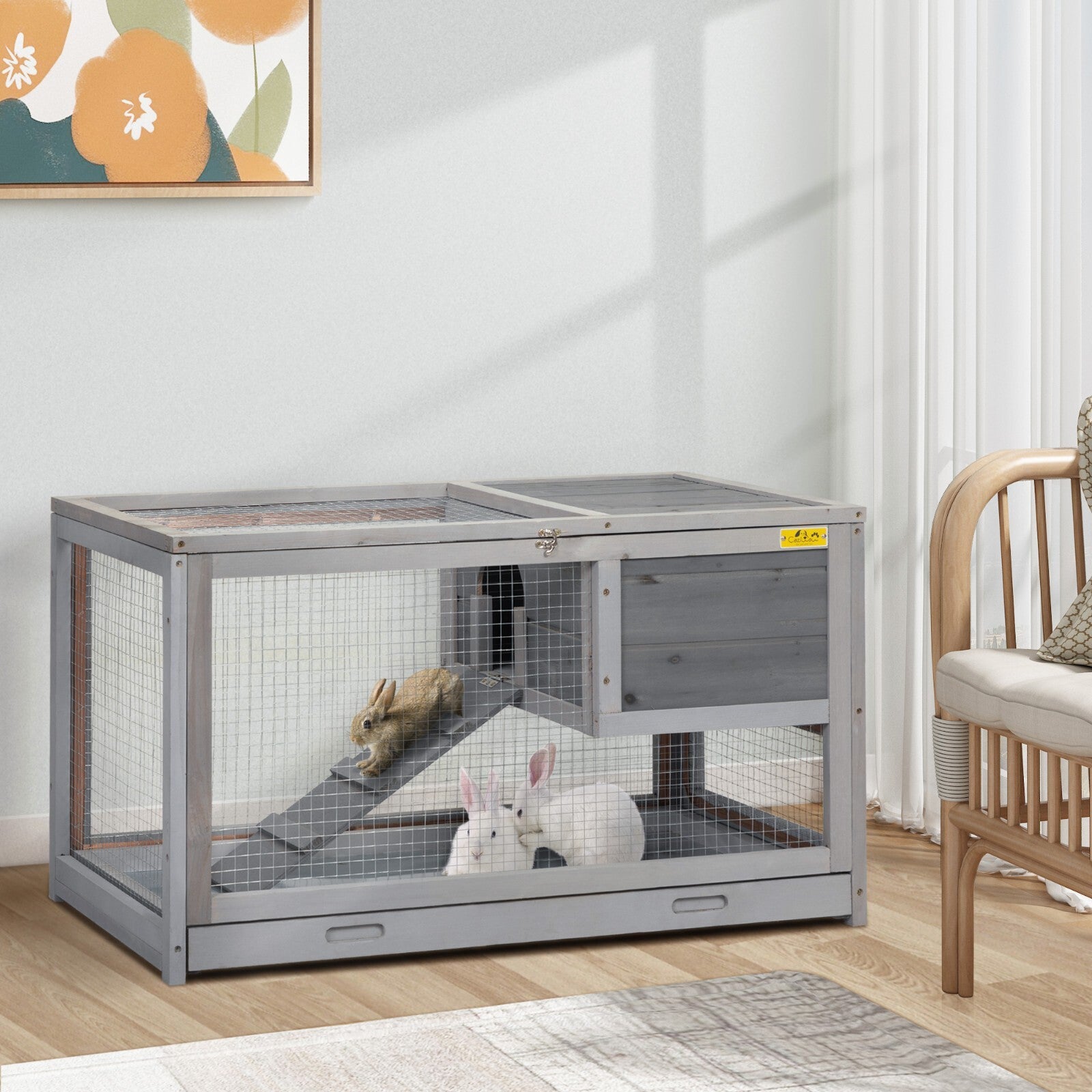 2 Tier-Rabbit Hutch Indoor Wooden Rabbit Cage Guinea Pig Cage W/Removable Tray