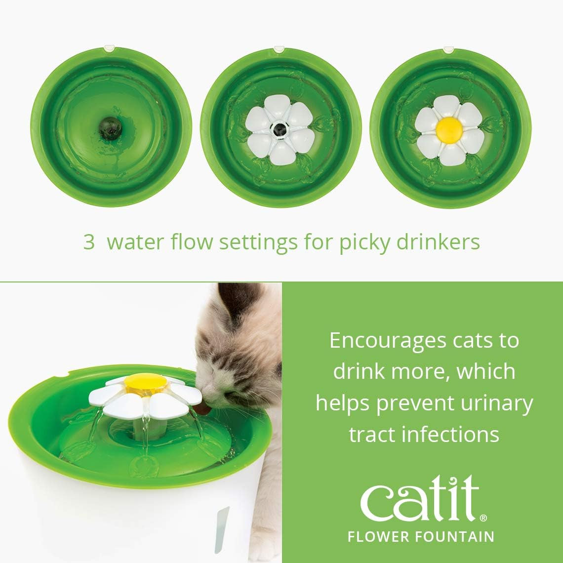 Senses Flower 2.0 Cat Water Fountain 3L Green, Modern Cat Fountain, Triple Filtration, Fontaine Pour Chat, Pet Water Fountains, Perfect for Indoor Cats