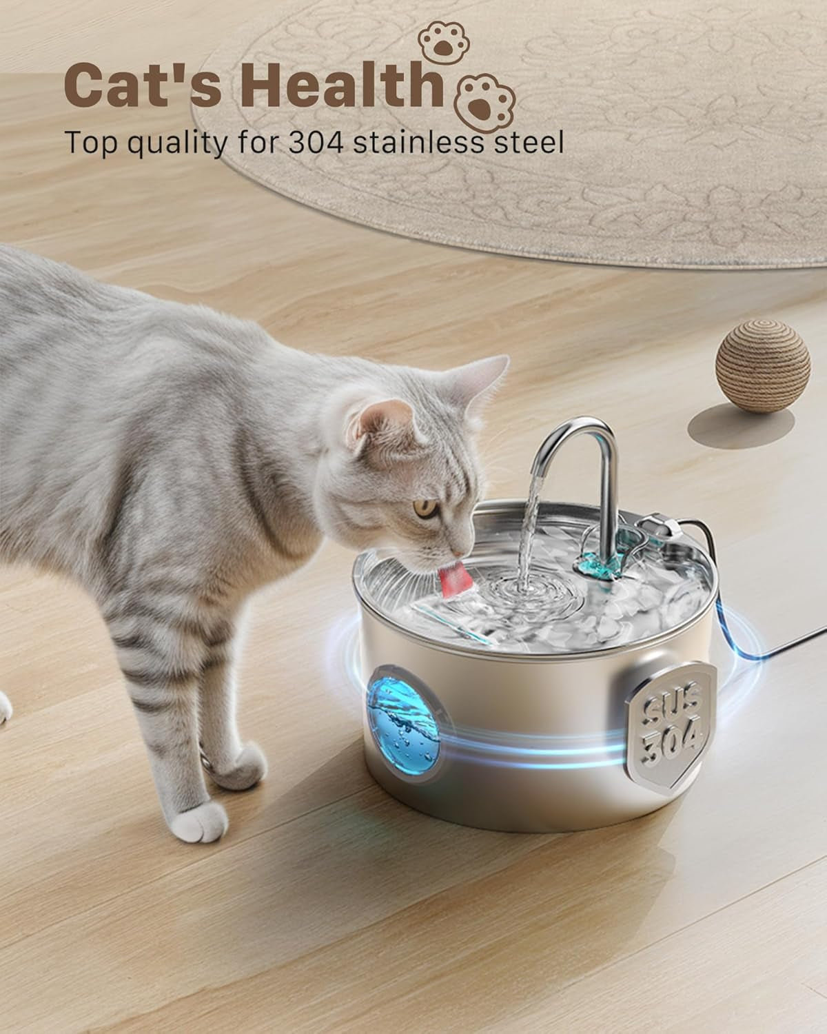 Stainless Steel Cat Water Fountain: Water Fountain Indoor Cat - Cat Fountain - Cat Drinking Water Fountain - Automatic Pet Water Fountain - Water Fountain for Cat - with 6 Filters + 3 Sponge Filters