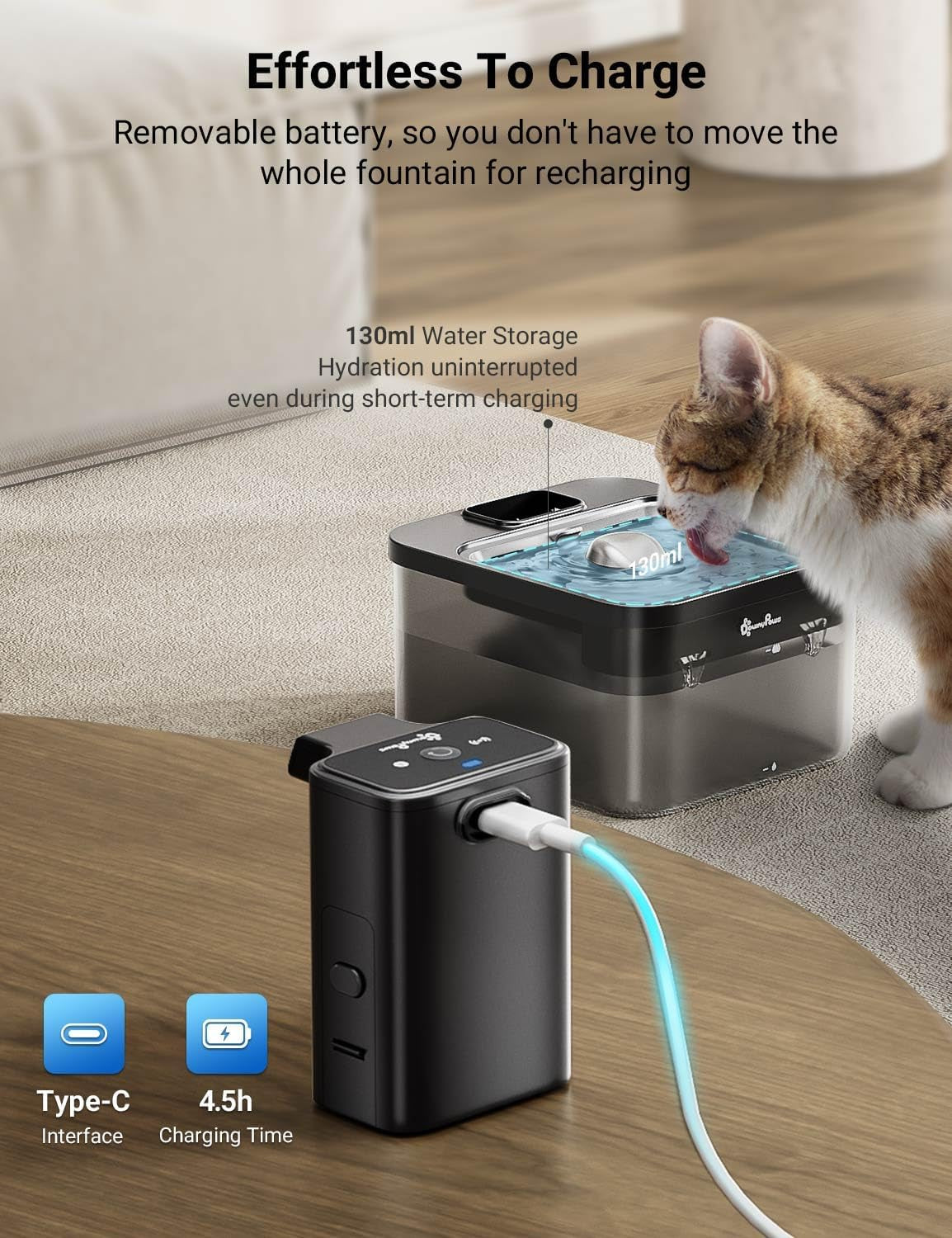 Wireless Cat Water Fountain, 84Oz/2.5L Battery Operated Cat Drinking Fountain Indoor, Cordless Pet Water Dispenser Stainless Steel, Easy Clean, Black