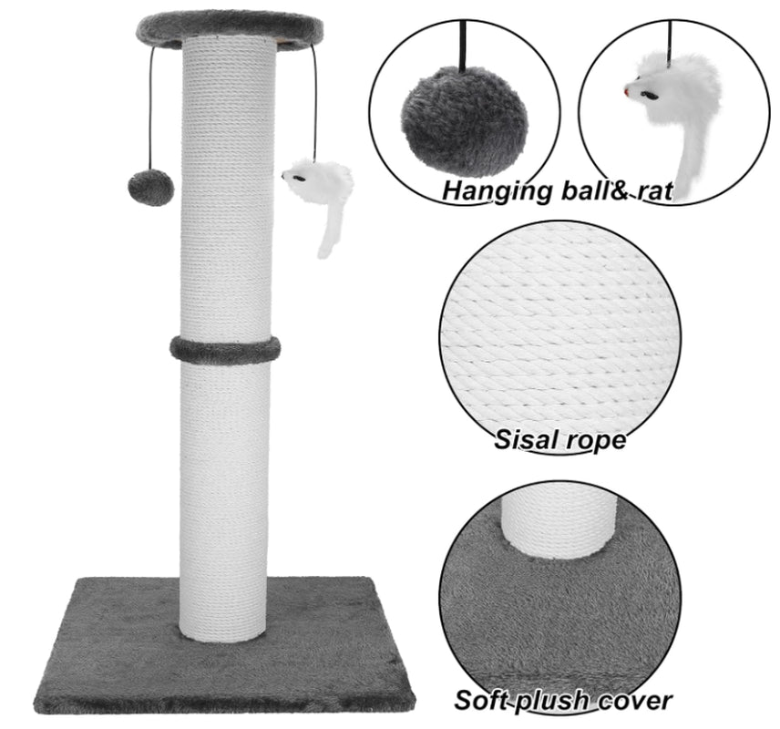 34" Heavy Duty Cat Scratching Post with Sisal Rope, Hanging Ball & Mice (Grey)