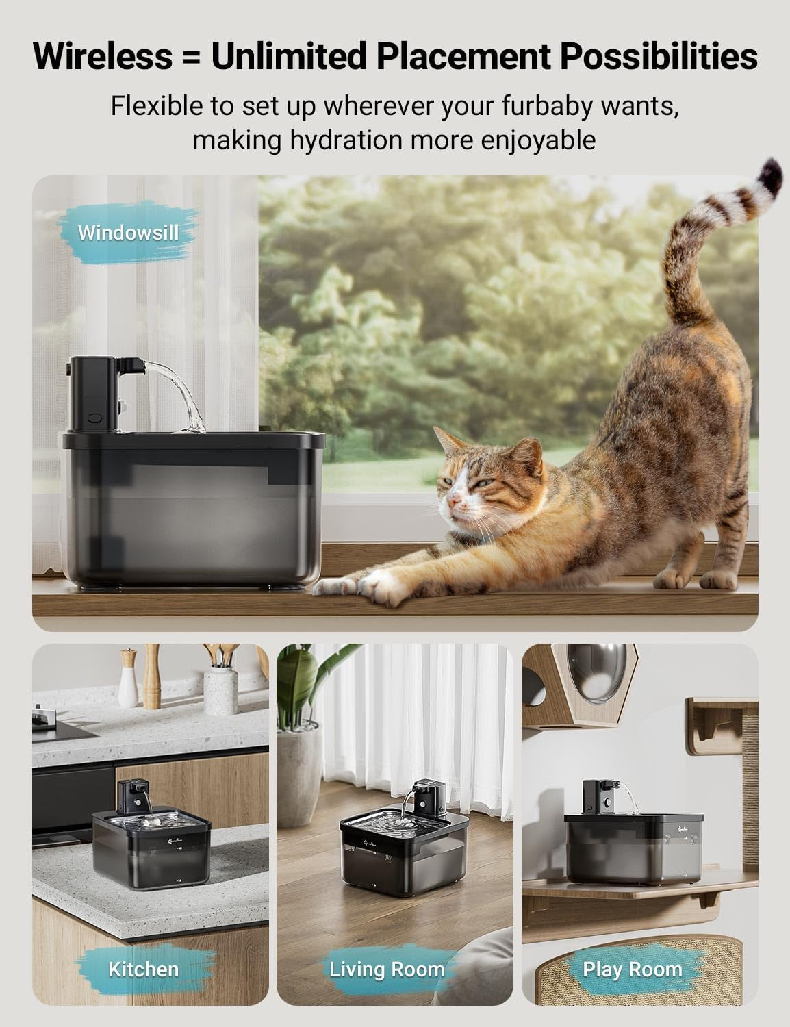 Wireless Cat Water Fountain, 84Oz/2.5L Battery Operated Cat Drinking Fountain Indoor, Cordless Pet Water Dispenser Stainless Steel, Easy Clean, Black