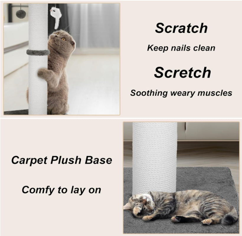 34" Heavy Duty Cat Scratching Post with Sisal Rope, Hanging Ball & Mice (Grey)