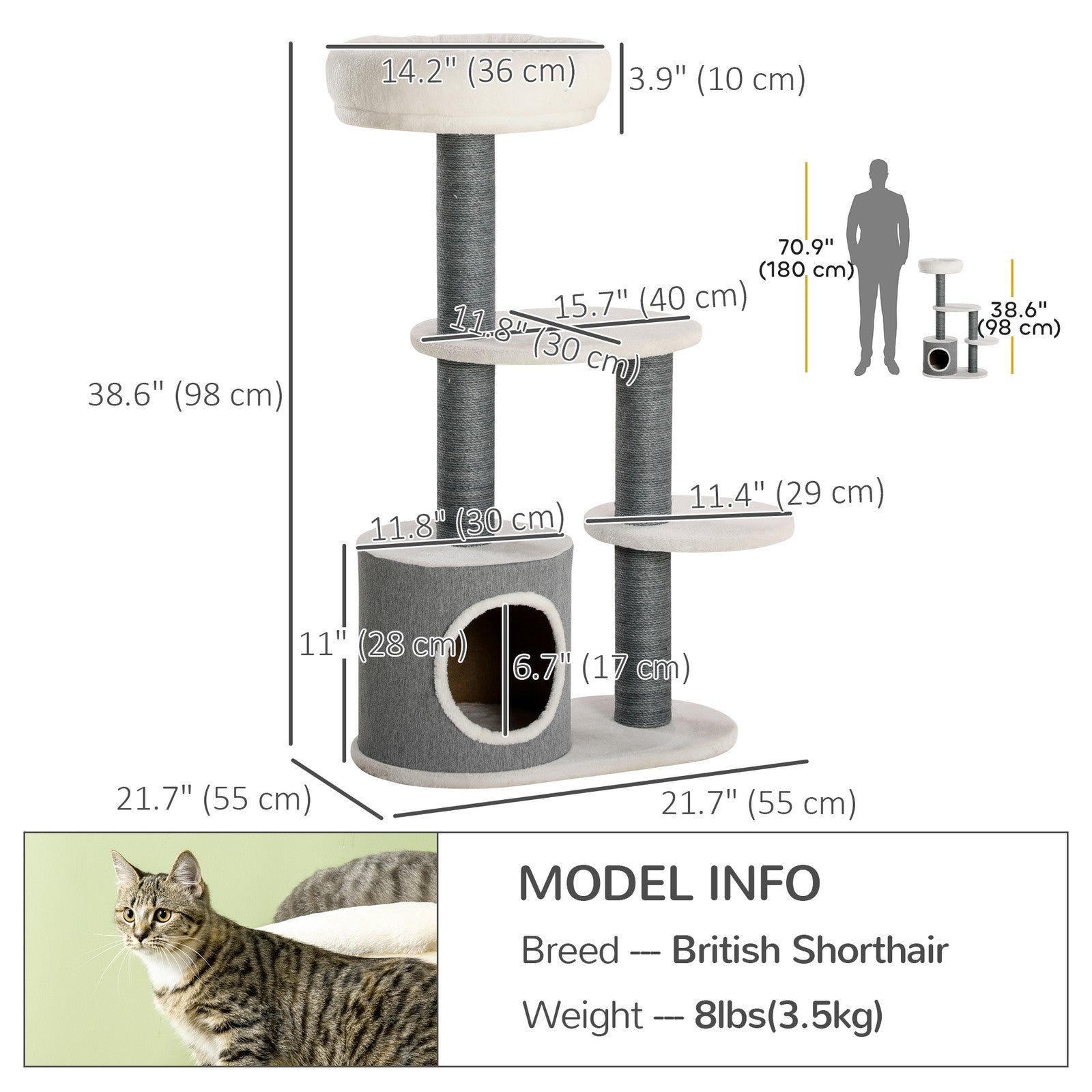 Pawhut Cat Tree, Multi-Level Cat Tower with Scratching Posts, Condo, White